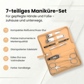 Hans Kniebes Manicure Set 7-Piece Sand Beige - Professional Nail Care & Pedicure Set for Men and Women - Stainless Steel Nail Scissors, Nail Clippers & Tweezers - Genuine Nappa Leather Case - Travel