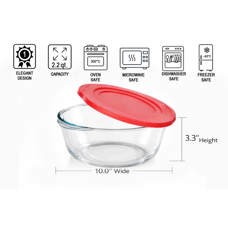 Ums 2.2 Quart Round Glass Baking Dish with Lid, Round