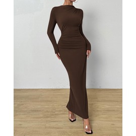 BTFBM Women Bodycon Maxi Dress Long Sleeve Back Slit Ruched Elegant Party Cocktail Formal Fall Wedding Guest Dresses(Dark Coffee, Medium)