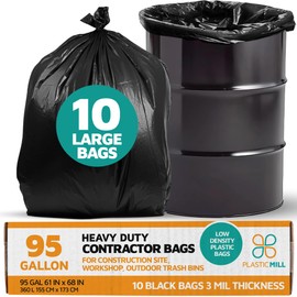 PlasticMill Contractor Bags Heavy Duty - Commercial, Industrial Garbage Bags - Black Construction Trash Bags - Outdoor, Garden Trash Bags, 95-Gallon, 3 Mil, 61"x68" (10-Count)