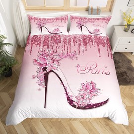 Feminine Pink Bedding Set Full Size,Paris Romantic Flowers Butterfly High Heels Duvet Cover for Girls Kids Woman Room Decor,Fantasy Glitter Comforter Cover Valentine Day Quilt Cover,2 Pillowcases
