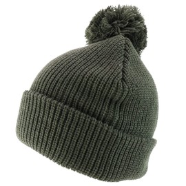 Trendy Apparel Shop XXL Oversized Solid Pom Pom Winter Ribbed Cuffed Beanie, Olive, XX-Large