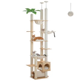 Cat Tower 7-Tier Floor to Ceiling Cat Tree Height(93.3-100.8 Inches) Adjustable, Tall Climbing Tree with Scratching Posts, Cozy Condo, Perches and Large Hammock for Indoor Cats Beige