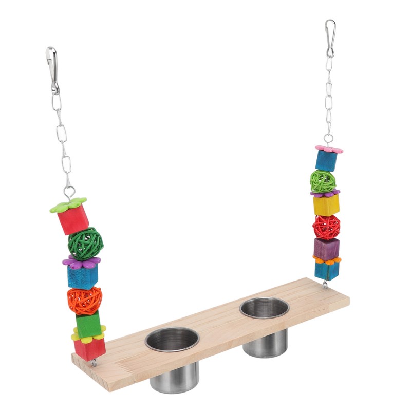 Bird Feeding Dish Cups with Parrot Perch Swing Natural Colorful