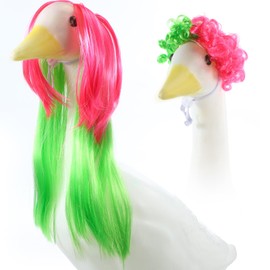 Suncalla 2 Pcs Porch Goose Wigs Neon Porch Goose Outfit Pink Green 80s Portico Goosey Wigs for Outdoor Garden Patio Yard Lawn 90's Theme Party Outfits Goosey Neon Party Decoration