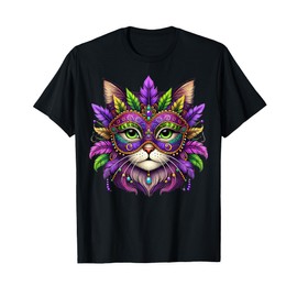 Funny Cat Wearing Mardi Gras Mask New Orleans Party T-Shirt