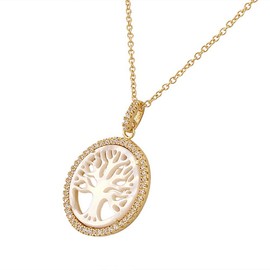 925 Sterling Silver Yellow Gold-Tone Simulated Mother of Pearl CZ Tree of Life Classic Pendant Necklace