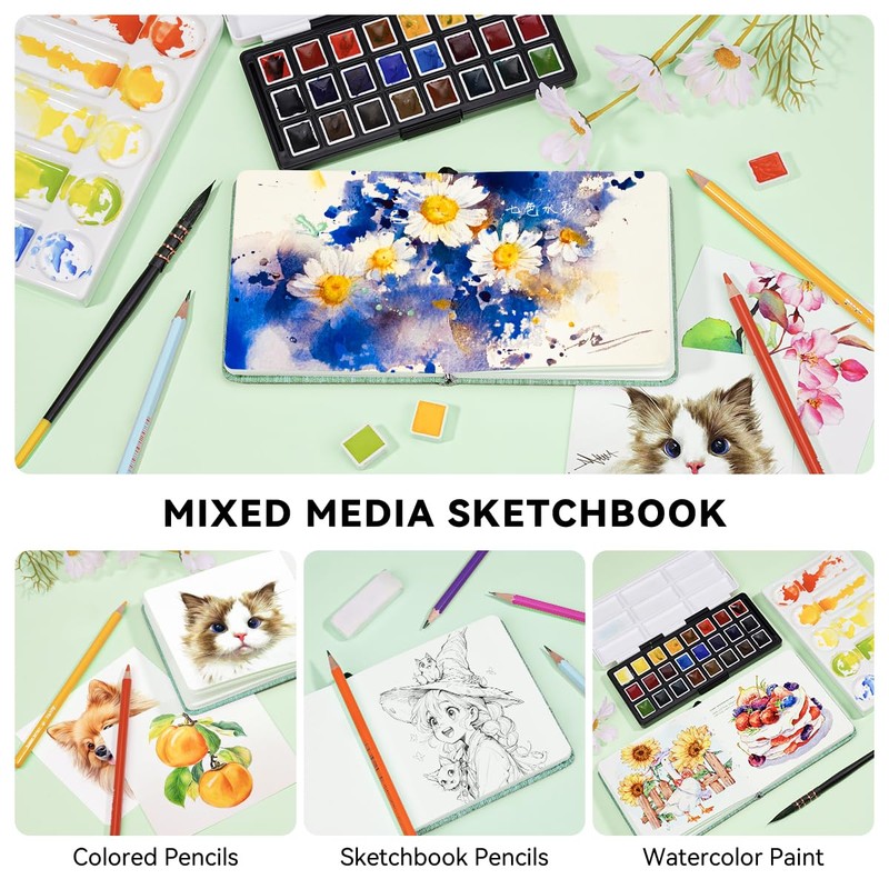 Lightwish Square Watercolor Journal,2 Pack Total 48 Sheets,100% Cotton,300gsm/140lb,Acid-Free,Cold Press