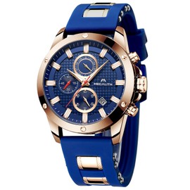 MEGALITH Men's Chronograph Watch Large Sporty Waterproof Watches for Men Analogue Rubber Watch Designer Fashionable Luminous Date, B-Blue, Standard, Strap.