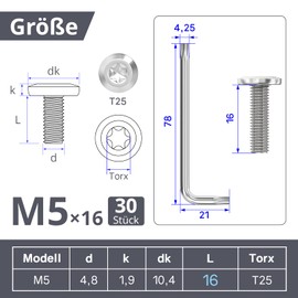 Pack of 40 Flat Head Screws with Torx and Wrench (30, Silver, M5 x 16)