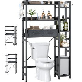 Over The Toilet Storage with 2 Drawers - 7 Tier Bathroom Organizer with Adjustable Shelf, Freestanding Space Saver Storage Rack Above Toilet Stand with 4 Hooks for, Restroom, Laundry, Black
