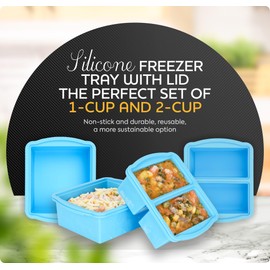 ZIP STANDING Silicone Freezer Trays with Lids, Set of 4 - with 1cup and 2 cup Silicone Freezer Molds for freezing soups, sauces and individual microwave safe