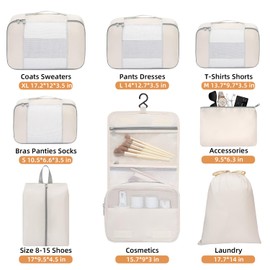 BAGAIL 8 Set Packing Cubes Various Sizes Packing Organizer for Travel Accessories Luggage Carry On Suitcase-Beige
