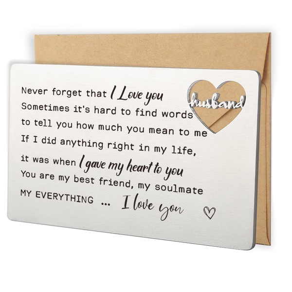 YODOCAMP I Love You Husband Metal Engraved Wallet Insert Card, Gifts for Husband from Wife, Husband Hubby Fiance Anniversary Birthday Christmas Valentine's Day Romantic Gifts