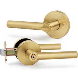 LOQRON Brushed Gold Entry Door Handle with Lock and Keys, Round Design Heavy Duty Gold Interior Door Lever with Satin Brass Finish, Reversible for Left/Right Handed for Entrance and Front Door