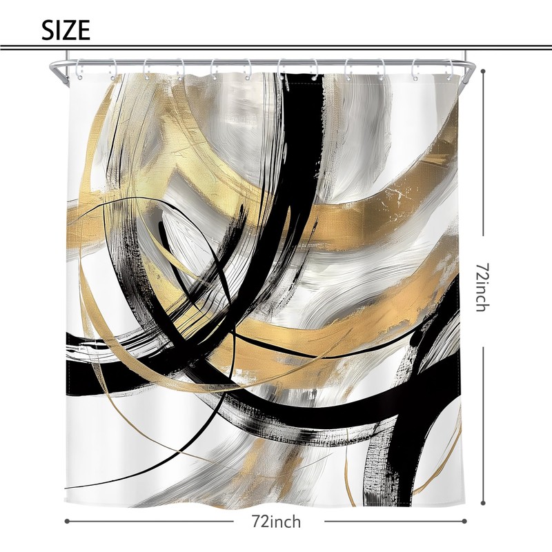 Riyidecor Black Gold Abstract Shower Curtain 72Wx72H Inch Modern Graffiti
