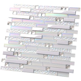 Hominter Glass Metal Tile Linear Mosaic Iridescent White Crystal Glass Chrome Metallic Interlocking Tile Stain Resistant for Kitchen Backsplash Bathroom & Shower Wall Tiles (5 Square Feet)