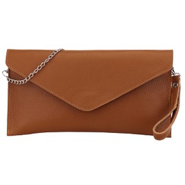 SH Leder Genuine Leather Clutch Shoulder Bag Small Bag Elegant Evening Bag in Grained Cowhide Leather with Carry Chain 31.5 x 16.5 cm Saya G369, Dark Cognac