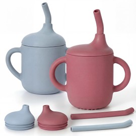 2PCS Vaso Entrenador para Niño con Popote y Asas, 120ml Vaso Entrenador Antiderrames, Autobloqueo, Silicona de Calidad, Libre de BPA No Tóxico (Azul/Rojo)