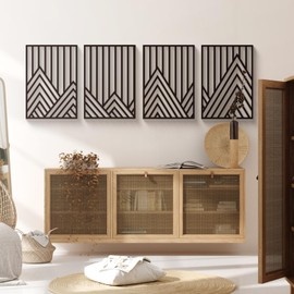 Glamativity 4 Pcs Black Abstract Mountain Line Metal Wall Art, 17 x 12'' Minimalist Décor Single Line Art Wall Décor, 3D Textured Sculptures, Decorative Forest Nature Abstract Line Minimalist Wall Décor Hanging for Living Room Bedroom Bathroom Study(Blac