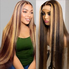 Tuneful 30 Inch Ombre Lace Front Wig Human Hair Highlight 4/27 Honey Blonde Colored Wigs 180% Density 13X6 Straight Lace Frontal Wig for Women