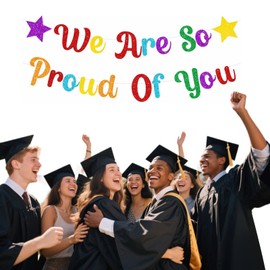 Colorful We Are So Proud Of You Bunting Banner Glittery Graduation Congratulations Decoration Hanging Garland for Graduation Retirement Grad Party Decor Supplies (Pre-strung) Colorful