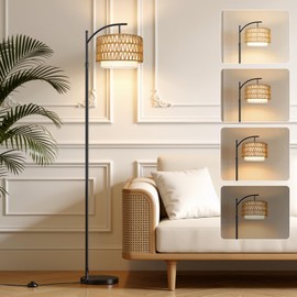 Qnuioea Floor Lamps for Living Room Rattan Boho Floor Lamp with Shade, Boho Standing Lamp with Rattan & Fabric Shades, Adjustable Tall Lamp for Living Room Bedroom