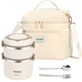 Voova Stackable Stainless Steel Thermal Lunch Box with Lunch Bag and Cultery Set for Adult Women Men, 2 Tier Leakproof All-in-One Insulated Bento Boxes Food Container for Work, Beige
