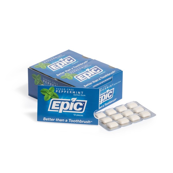 Epic Xylitol Chewing Gum - Sugar Free & Aspartame Free Chewing Gum Sweetened w/ Xylitol for Dry Mouth & Gum Health (Peppermint, 12-Piece Pack, 12 Packs)