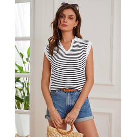 GRACE KARIN White Sweater Vest for Women 2025 Cap Sleeve Striped V Neck Collared Knit Tank Top Summer Causal Sweater Top White