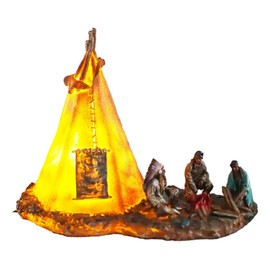 Ebros Native American Indian Tribal Chief and Elders Building Fire by LED Light Tipi Tent Statue Courtesy Night Light Figurine Tribal Indian Camp Scene