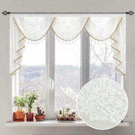 Leeva Extra Wide Waterfall Valance, Vintage Damask Jacquard Voile for Victorian Decor, Semi-Sheer Rod Pocket Valance with Beaded Tassels, 79" W x 43" L, Crisp White