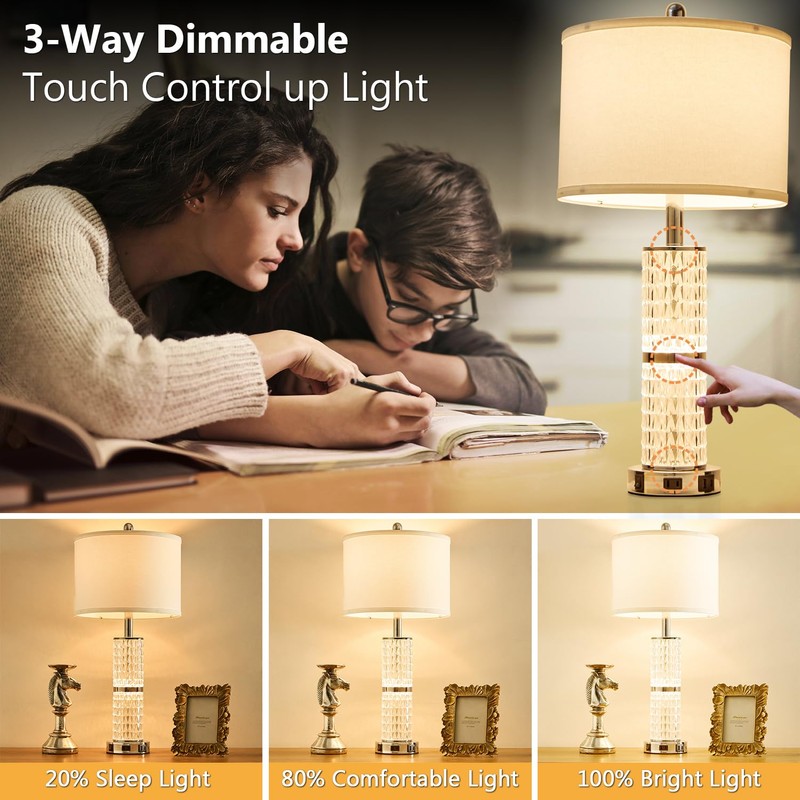 SAIWEYA Crystal Table Lamps Modern 3-Way Dimmable Bedside Lamp with