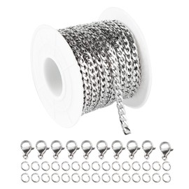 YOUBEIYEE - Cadenas cubanas de acero inoxidable plateado de 33 pies, carrete a granel con anillos de salto, cierres de langosta para hacer joyas, collares, gargantillas, pulseras, tobilleras
