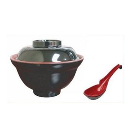 JapanBargain 3424+2397, Soup Bowls with Lid and Spoon Set for Miso Soup Rice Poke Donburi Noodle Pasta Cereal, Black and Red Color, 6 Set