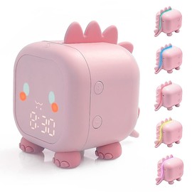 yotutun Children's Light Alarm Clock, Dinosaur Children's Alarm Clock, Digital Clock with Night Light, Timer, Snooze Function, 2 Alarms, 6 Ringtones, Adjustable (Pink)
