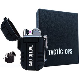 Rechargeable Military Windproof/Waterproof Lighter - Tactical Outdoor Dual Arc Electric - Great Outdoor Lighter for Camping AMD Hiking with an Emergency Whistle (Black)