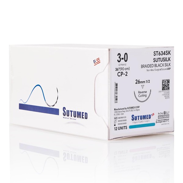 Sutumed SUTUSILK Non-Absorbable Silk Surgical Suture USP Size 3-0, 1/2