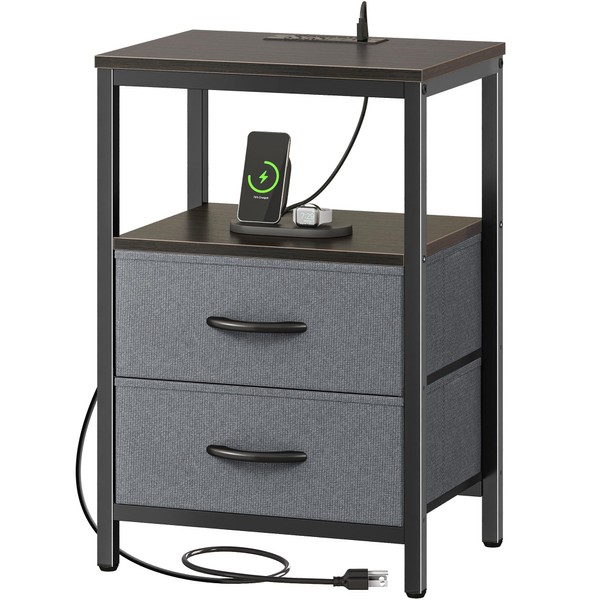 Huuger Nightstand with Charging Station, Side Table with Fabric Drawers,