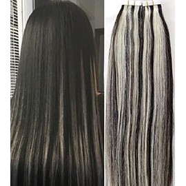 Hair Faux You 20" Tape in Hair Extensions Remy Human Hair Glue in Extensions Color #1B/613 Off Black Mixed With Platinum Blonde Highlighted 50g 20Pcs/Package