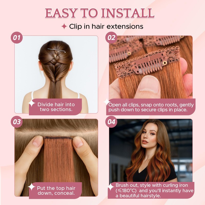 SEGOHAIR Clip in Hair Extensions Real Human Hair 6Pcs Copper