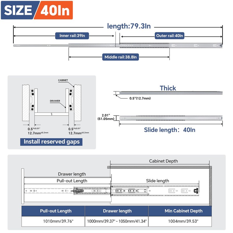 ToBeGreat 1 Pair Heavy Duty Drawer Slides 40 Inch 150