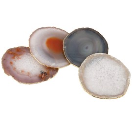 mookaitedecor Set of 2 Grey Crystal Agate Slice Coasters for Drinks Table Decor, Gold Edged Coasters Semi Precious Stone Geode Coaster Art Deco Coffee Table Coasters Quartz Cup Mats, 3.1-3.9 Inch