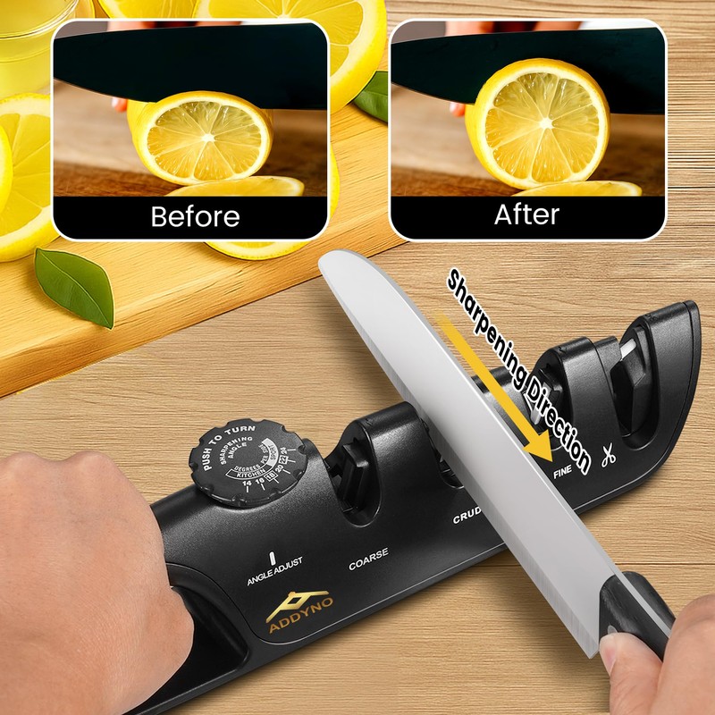ADDYNO 4-in-1 Knife Sharpener with Angle Guide, Adjustable Edge,3-Stage Coarse–Sharpen–Fine