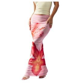 Milumia Women's Floral Fishtail Mesh Maxi Skirt Elegant Low Waist Bodycon Long Skirts Pink Large