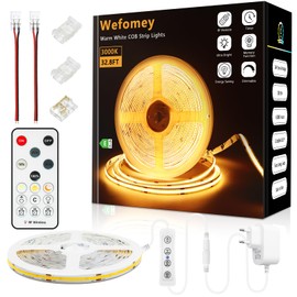 COB LED Strip 10 m Warm White, LED Strip 3000 K Dimmable 24 V Flexible COB LED Light Strip Set, with Power Supply and RF Remote Control, CRI>90 Bright Under-Unit Light for TV Kitchen, DIY Decoration