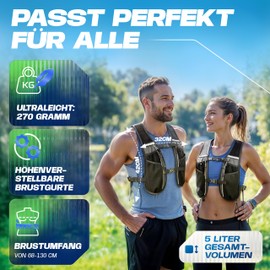 SASMO® Running Vest Women & Men 5L - Insulated | Running Vest - Ultralight 270 g & Breathable | Running Backpack Women & Men - 8 Pockets | Running Vest | Drinking Vest Running | Hydration Backpack
