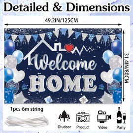 Welcome Home Decorations Banner Backdrop - Retirement Family Porch Sign Banner for Women Men, Blue Silver Welcome Back Theme Party Supplies for Baby Boy Girl