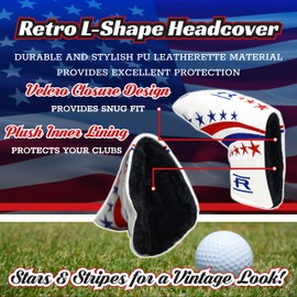 Rife Golf Collectors Edition - Retro L Shape Blade Putter Red White Blue Style Headcover. Limited Edition Tour Vintage Leather Style Custom Design Putter Head Cover