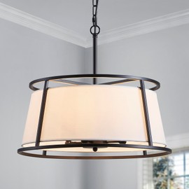 Shrine Lighting Drum Chandeliers, Modern Style, Perfect Pendant Light Fixture for Dining Room, Living Room, D20'' x H9'', Adjustable Chains 59'', E12*4 Sockets, White Lampshade & Black Finish Frame